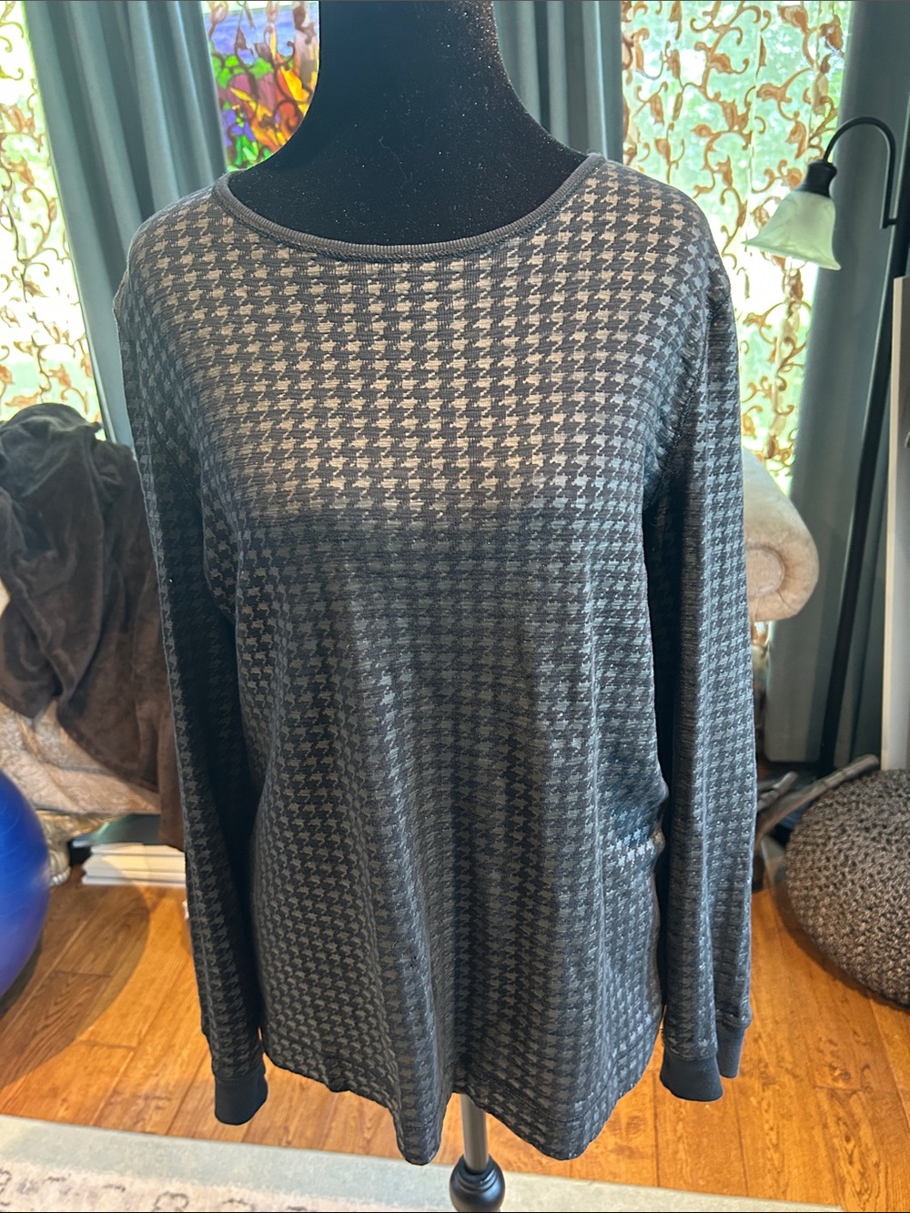Ralph Lauren Black and Gray Houndstooth Crew Neck Top
